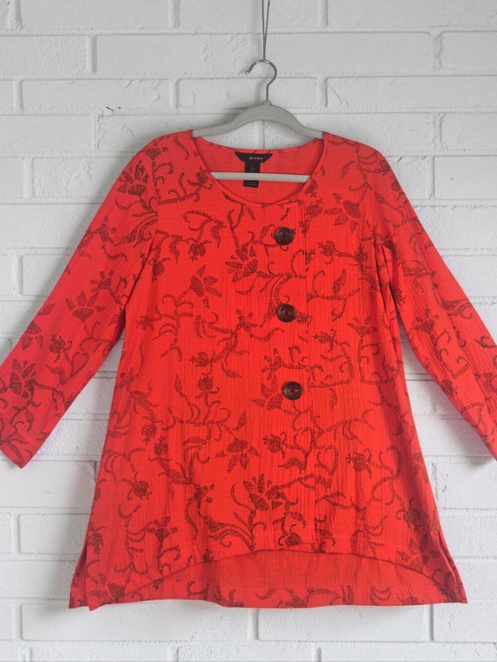 Ali Miles Burnt Orange Black Hi-Low Relaxed Fit Tunic Unique Buttons sz Small